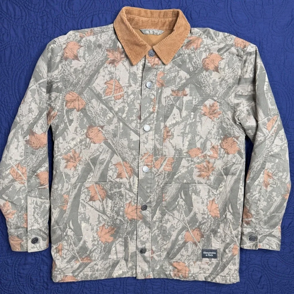 Abercrombie Kids Camo Leaf Print Fleece Lined Workwear Jacket Tan Corduroy 13/14